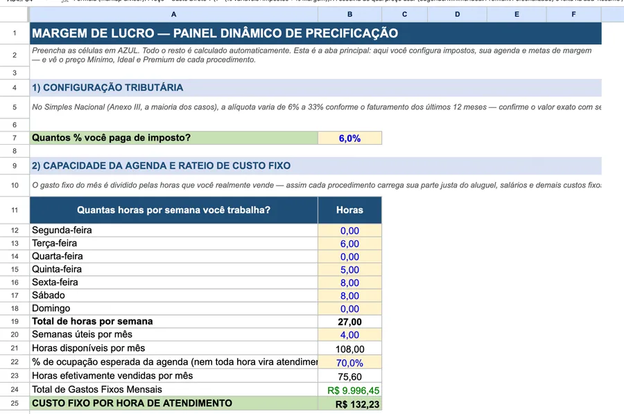 Painel dinâmico de precificação com configuração de impostos e agenda